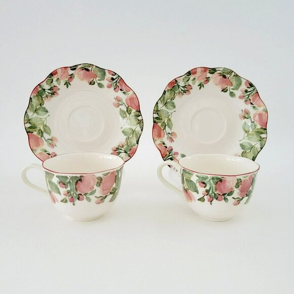 Vintage Nikko Precious Teacups & Saucers, 2 Sets, Red Poppy Flower Green Trim - Picture 1 of 16